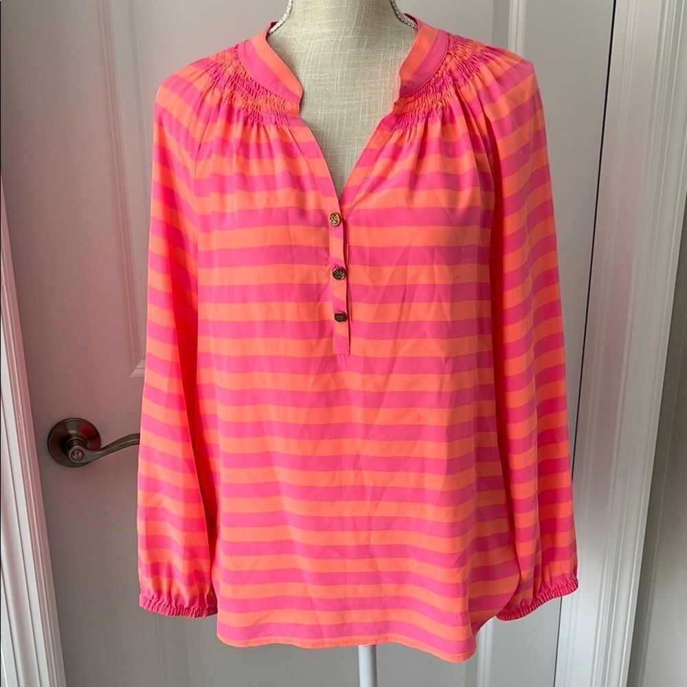 Lilly Pulitzer Elsa Silk Striped Pink and Orange Women's Top